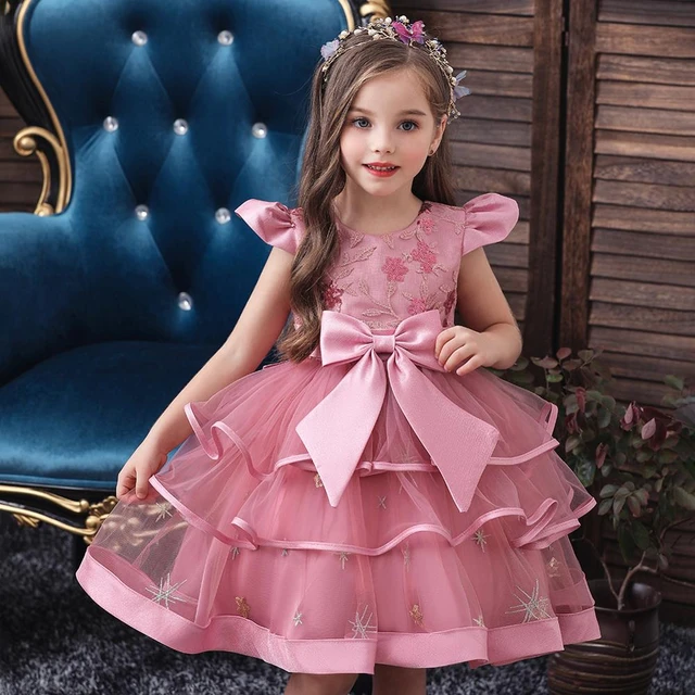 Vestido de fiesta noche para niños, vestido de princesa rosa con lazo, vestido de novia de flores para niñas pequeñas, vestido de de pastel - AliExpress