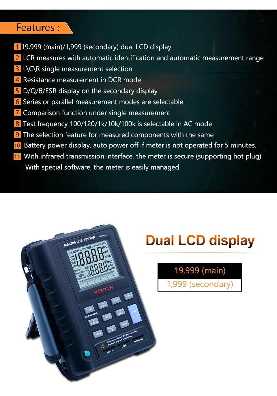 MASTECH MS5308 LCR измеритель емкости тестер сопротивления ручной профессиональный автоматический диапазон LCR тестер Высокая производительность 100 кГц