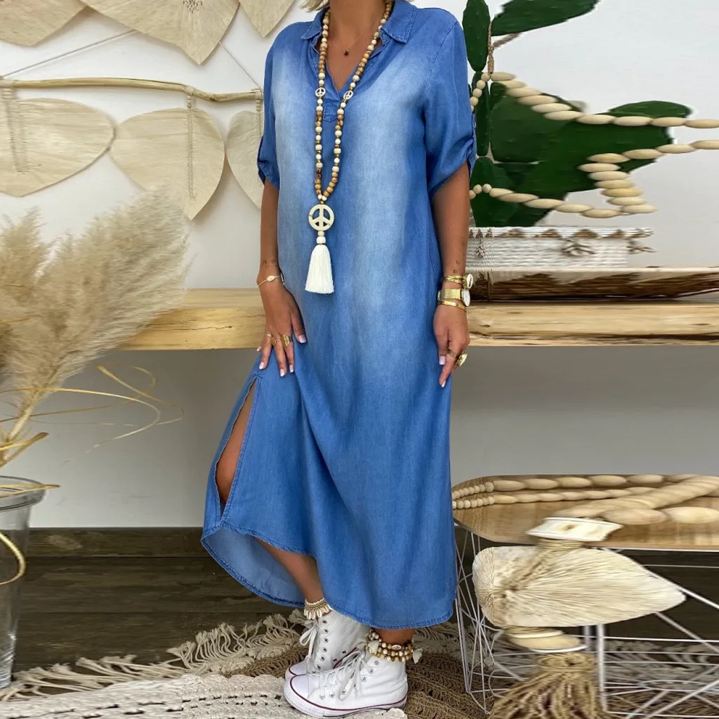Summer Denim Dress For Women 2021 Casual Spring Blue V-Neck Half Sleeve Maxi Dresses Plus Size Split Long Dresses Vestidos 3XL 1