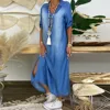 Summer Denim Dress For Women 2021 Casual Spring Blue V-Neck Half Sleeve Maxi Dresses Plus Size Split Long Dresses Vestidos 3XL 1