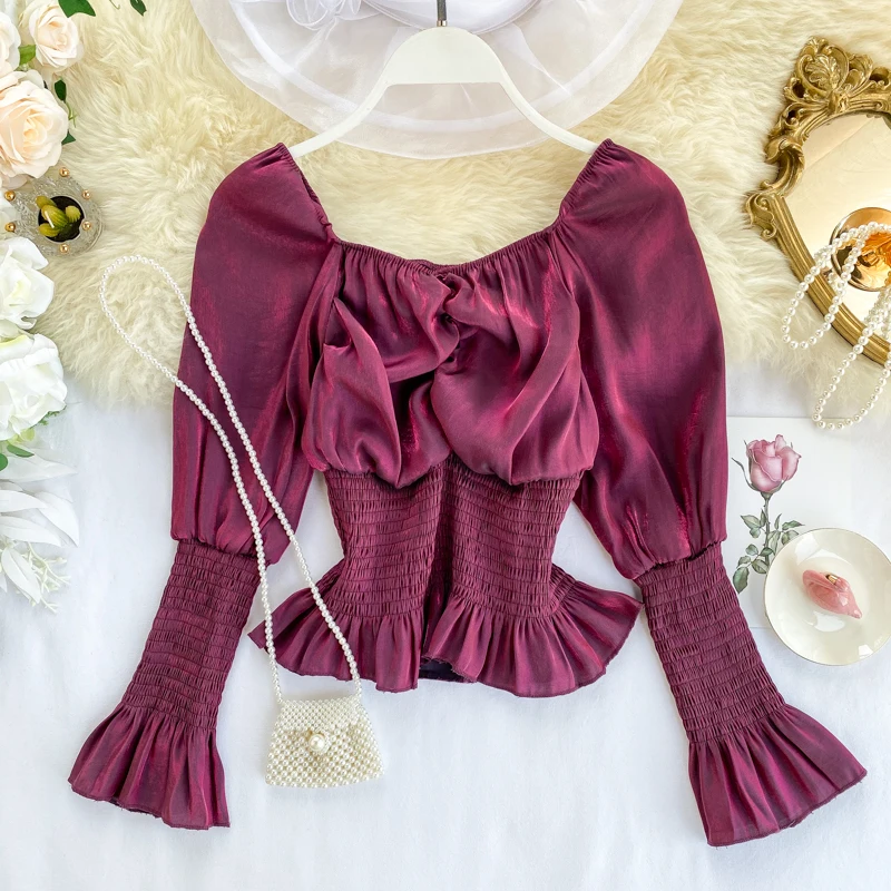 Yournmona романтическая розовая блестящая блуза с пышными рукавами женская блузка с длинным рукавом и эластичной талией с оборками Туника женская готическая укороченная блузка