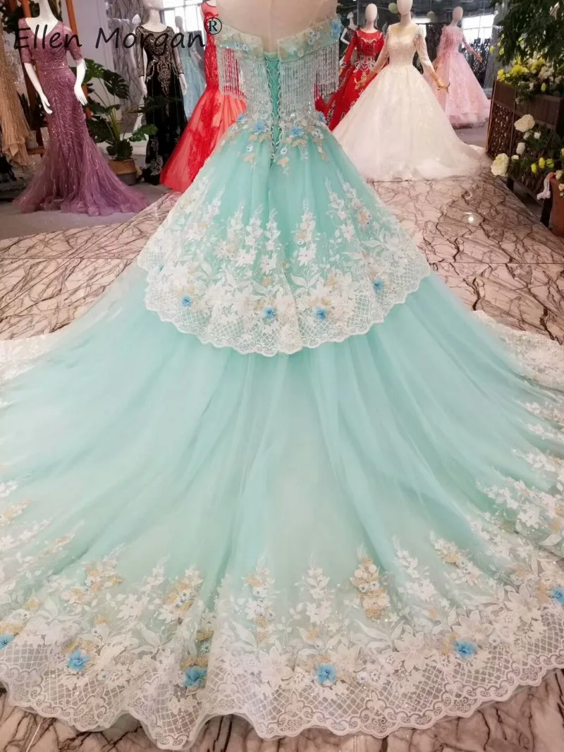 Яркие мятно-зеленые летние кружевные свадебные платья 2019 с открытыми плечами 3D цветы бисером тюль Принцесса Свадебное бальное платье