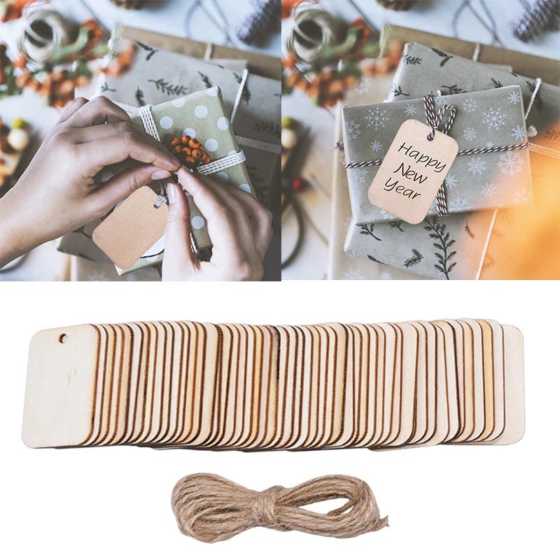 

Rectangle Shaped Natural Wood Slice with Hemp Rope for DIY Wood Carfts Wedding Birthday Gift Tag Christmas Hanging Decor Pendant