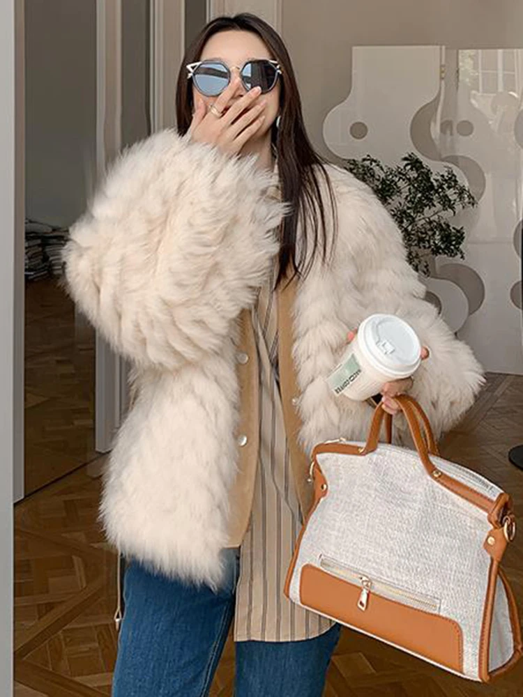 ECRURANI Lace Up Colorblock Fur Coat For Women V Neck Long Sleeve Gathered Waist Temperament Thick Coats Female New Winter 2021