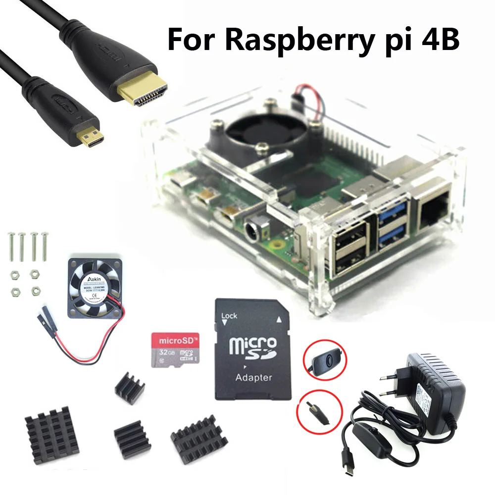 Raspberry Pi 4 Модель B стартовый комплект источник питания акриловый чехол вентилятор радиатора HDMI