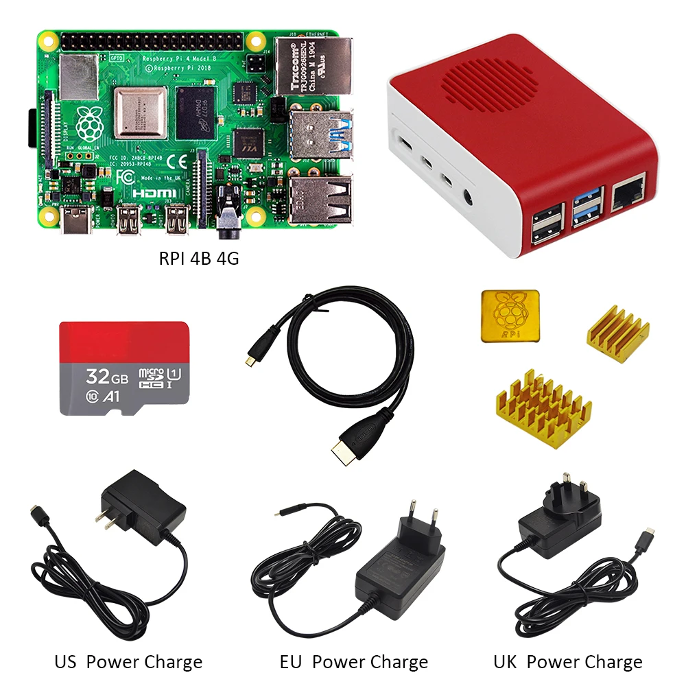 Preise Original Raspberry Pi4 Modell B Kit 4GB RAM + fall mit fan + EU US UK Typ  C 5 V 3A Power ladegerät + HDMI kabel + 32G tf karte + kühlkörper