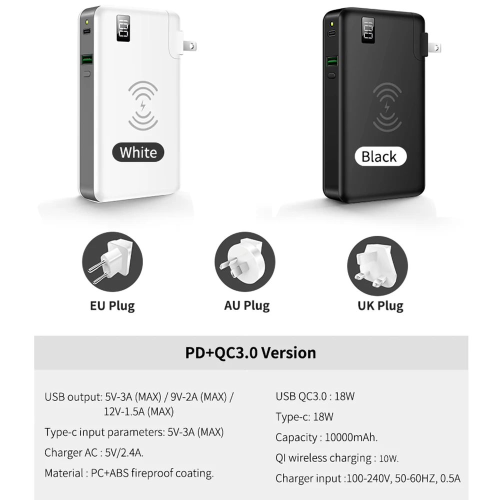  18W PD Quick Charge 3.0 Fast Wireless Charge Power Bank 10000 mAh LED Display For Iphone Samsung Hu - 4000562024816