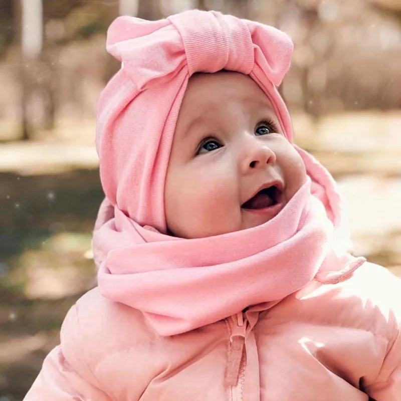 Baby Girls Hat Scarf 2Pcs/Set Winter Cashmere Caps For Toddler Warmer Beanies Bow Kid Double Layer Infant Neckerchief 1-3T | Детская