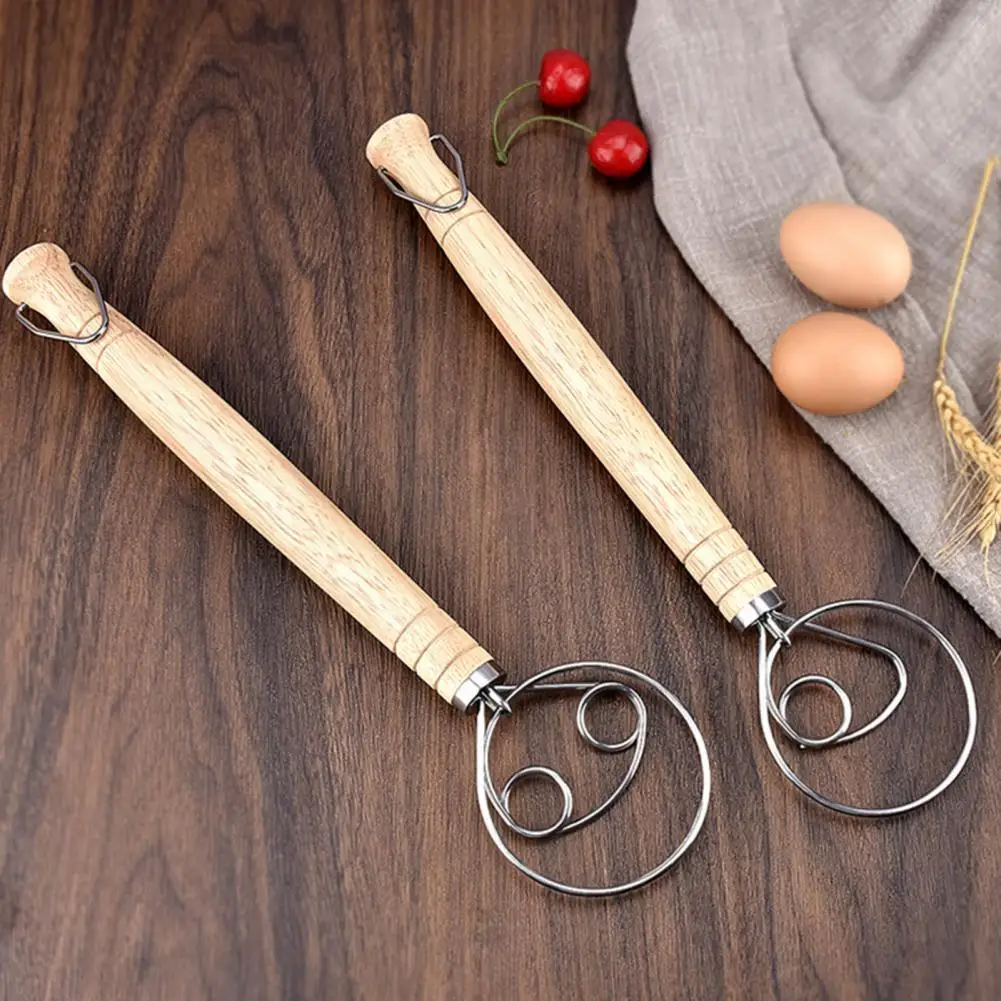 Manual Dough Whisk with Hook Flour Coil Stirrer Thicken Portable Wooden