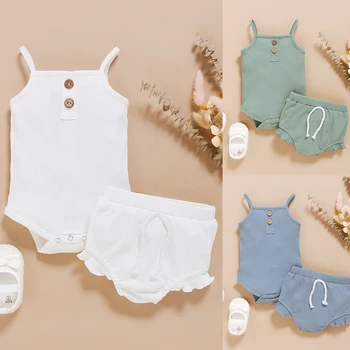

Two Piece Baby Girl Clothing Set Summer Knitted Newborn Boy Outfit Set Spaghetti Strap Infant Girl Clothes Romper + Shorts D30