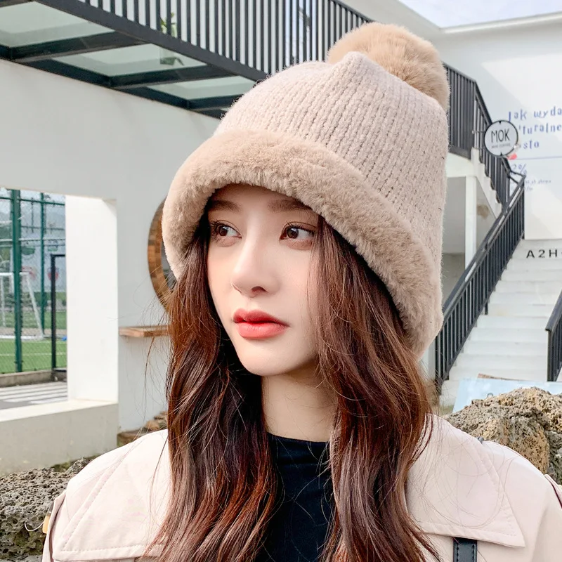 

Candy Colors Winter Hat Women Knitted Cap Warm Soft Trendy Kpop Style Beanie Elegant All-match Button Design Ear protection Hat