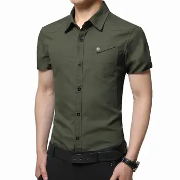 

Stylish Men Solid Color Turn Down Collar Short Sleeve Pockets Button Slim Shirt Solid Color Button Pocket Comfortable to Wear