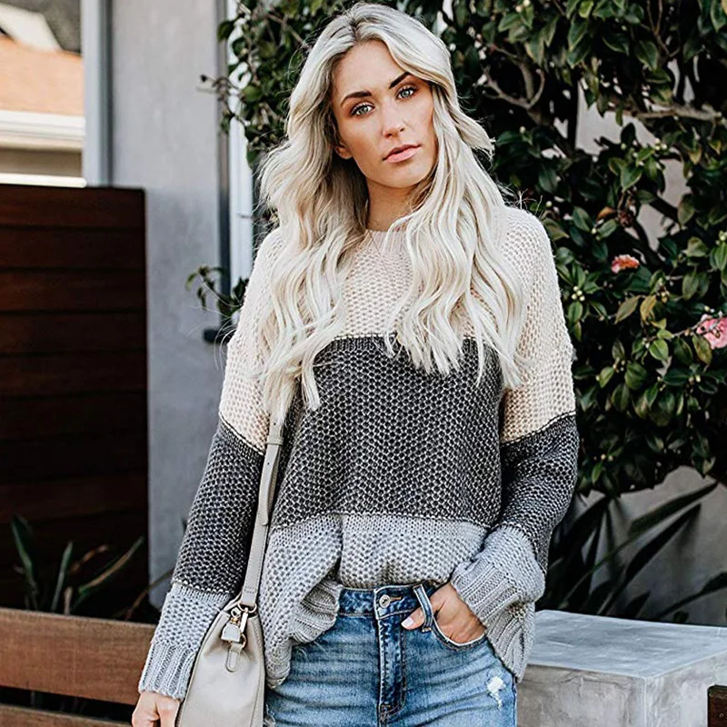 

ALLNeon Casual Women Winter Sweaters Patchwork Round Neck Long Sleeve Knitted Pullovers Winter Knitwear for Female 2019 Fashion