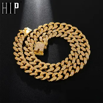 

Hip Hop 12MM Full Iced Out AAA Zirconia Copper CZ Cuban Link Chain Necklace For Men Rapper Jewelry Gold Color
