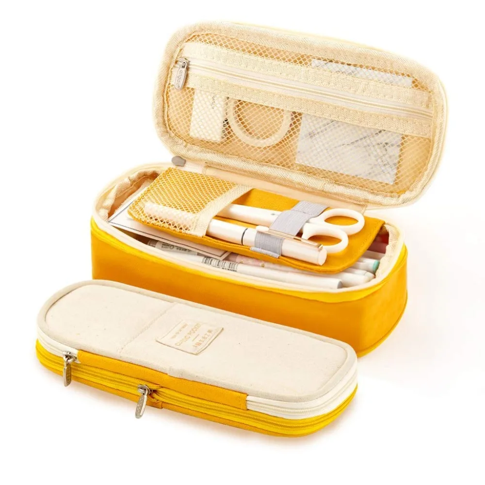 

Pencil Case Color Canvas Stretch Double Layer Large Capacity Pencil Box Cute Pencilcase Kids School Stationery