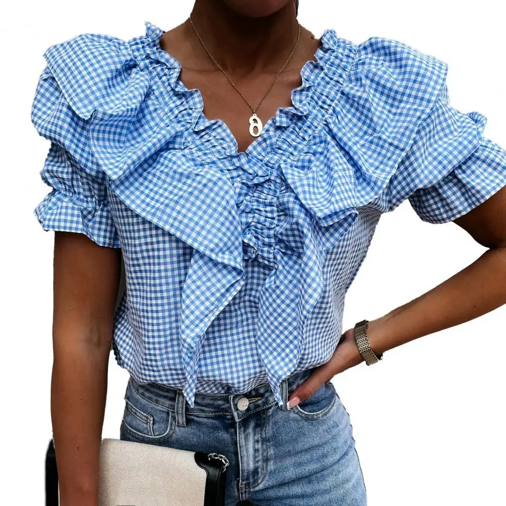 

Women T-shirt Plaid Ruffled Summer Puff Sleeve V Neck Short Sleeve Top for Dating t shirt women 2021 fashion Black xxl