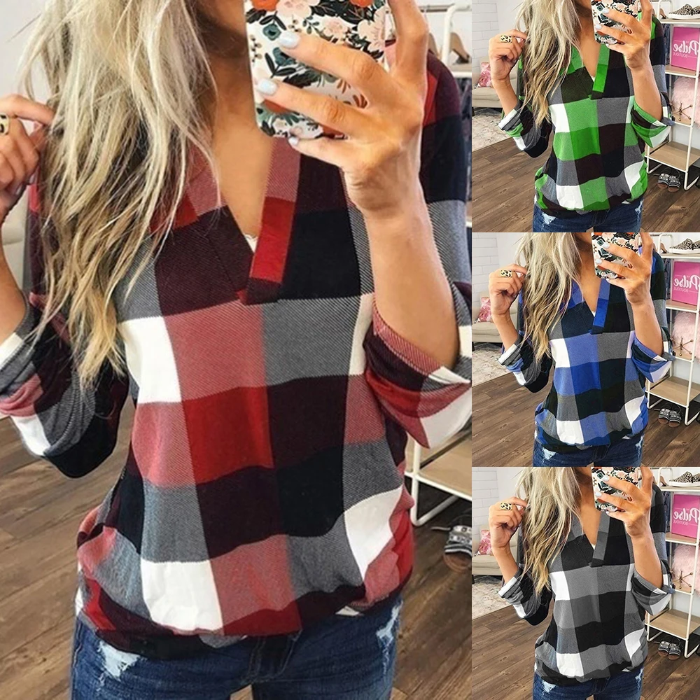 Puimentiua Fashion Brand Ladies Plaid Shirt Winter Warm Roll Up Blouse Femme V Neck Loose Blusa Lattice Print Style Tops