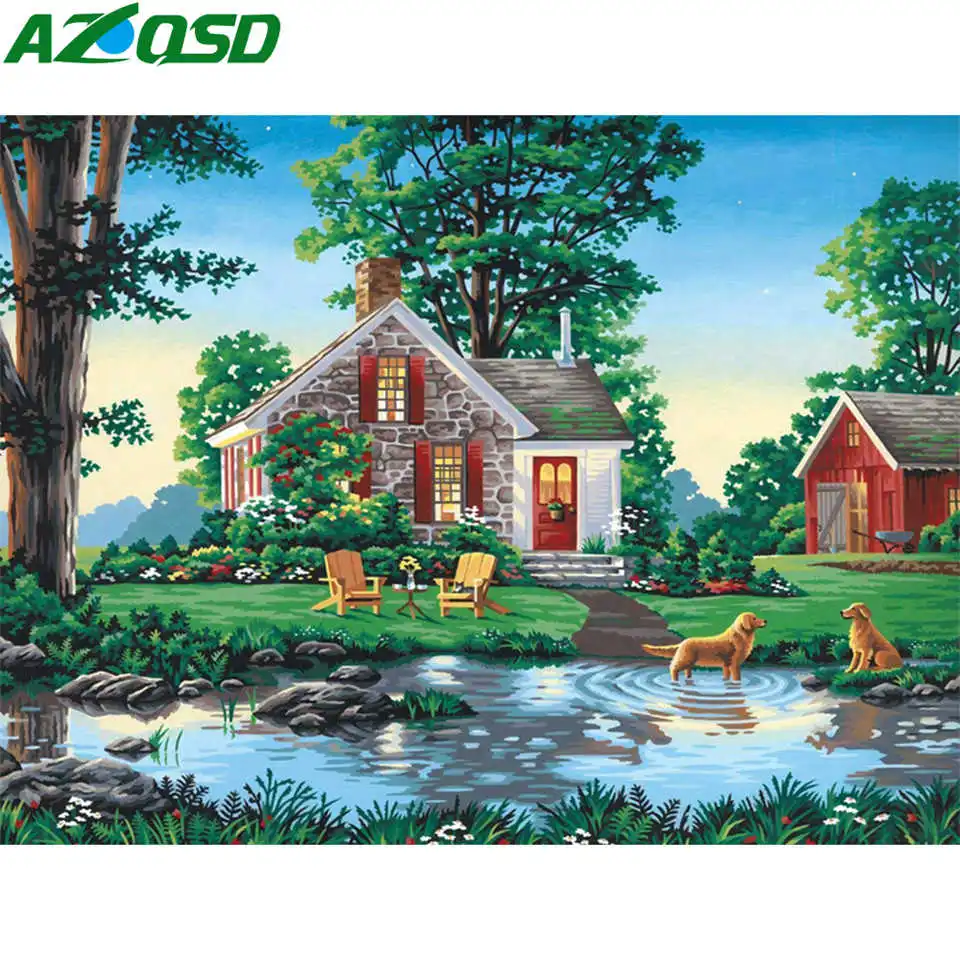 AZQSD Painting By Numbers House HandPainted 50x40cm Unframed Decoration