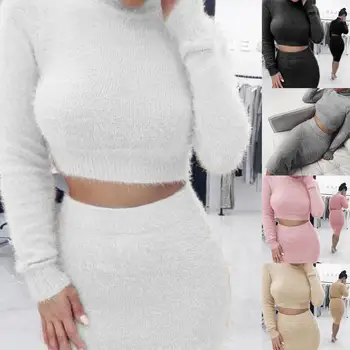 

2Pcs Sexy Women's Solid Color Plush O Neck Long Sleeve Knitted Crop Top Skirt Set