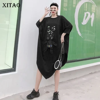 

XITAO Plus Size Black Dress Patchwork Irregular Elegant Goddess Fan Casual Pleated Minority Style Casual Loose Dress DMY3469