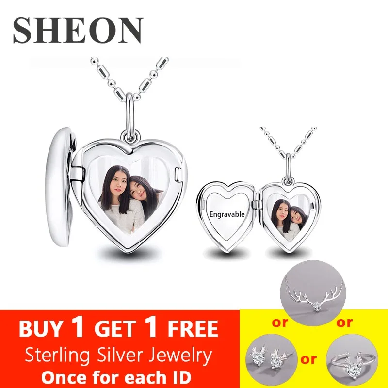 

SHEON Personalized Engraved Photo Heart Locket Necklace 925 Sterling Silver Love Heart Necklace for Lover Anniversary Gift