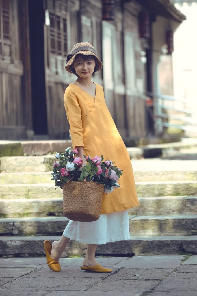Y757 летнее улучшенное Xie Jin Cheongsam платье с высоким разрезом yu kou v-образным вырезом свободное и женское платье дзен большого размера