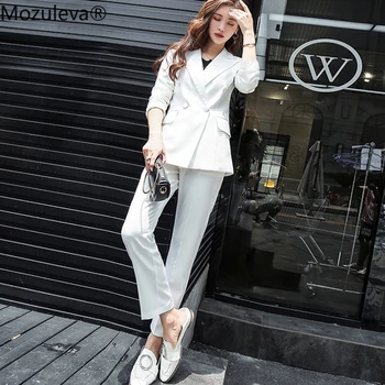 

BornSra Classic Double Breasted White Women Pant Suits Notched Collar Blazer Jacket & Straight Pants Office Ladies Female Sets