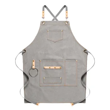 

Light Gray Canvas Apron Bib Leather Chef Kitchen Apron for Women Men Barista Bartender Pockets Home Barber Cook Coffee Restauran