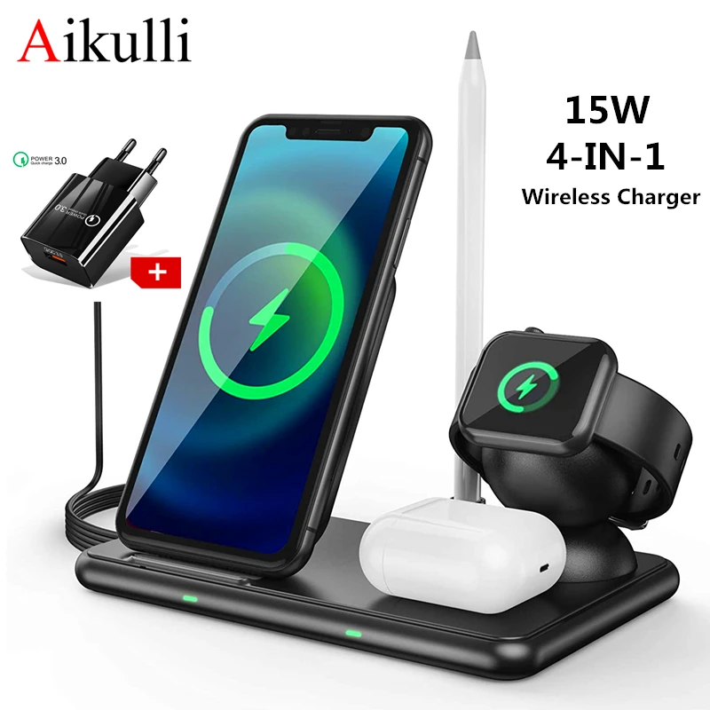 Estação carregador sem fio 15w rápido doca de carregamento sem fio 4 em 1 para o iphone 12 11 pro xr xs x apple assista 6 5 4 3 airpods lápis