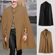 INCERUN, мужские тренчи, стоячий воротник, одноцветная накидка, уличная одежда, повседневная, искусственный флис, Зимняя мода, плащ, пальто, куртки, S-5XL