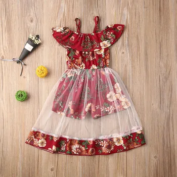 

2020 New Toddler Kid Baby Girl Mesh Princess Dress Party Pageant Off Shoulder Floral Jumpsuit Lace Tutu Tulle Dresses