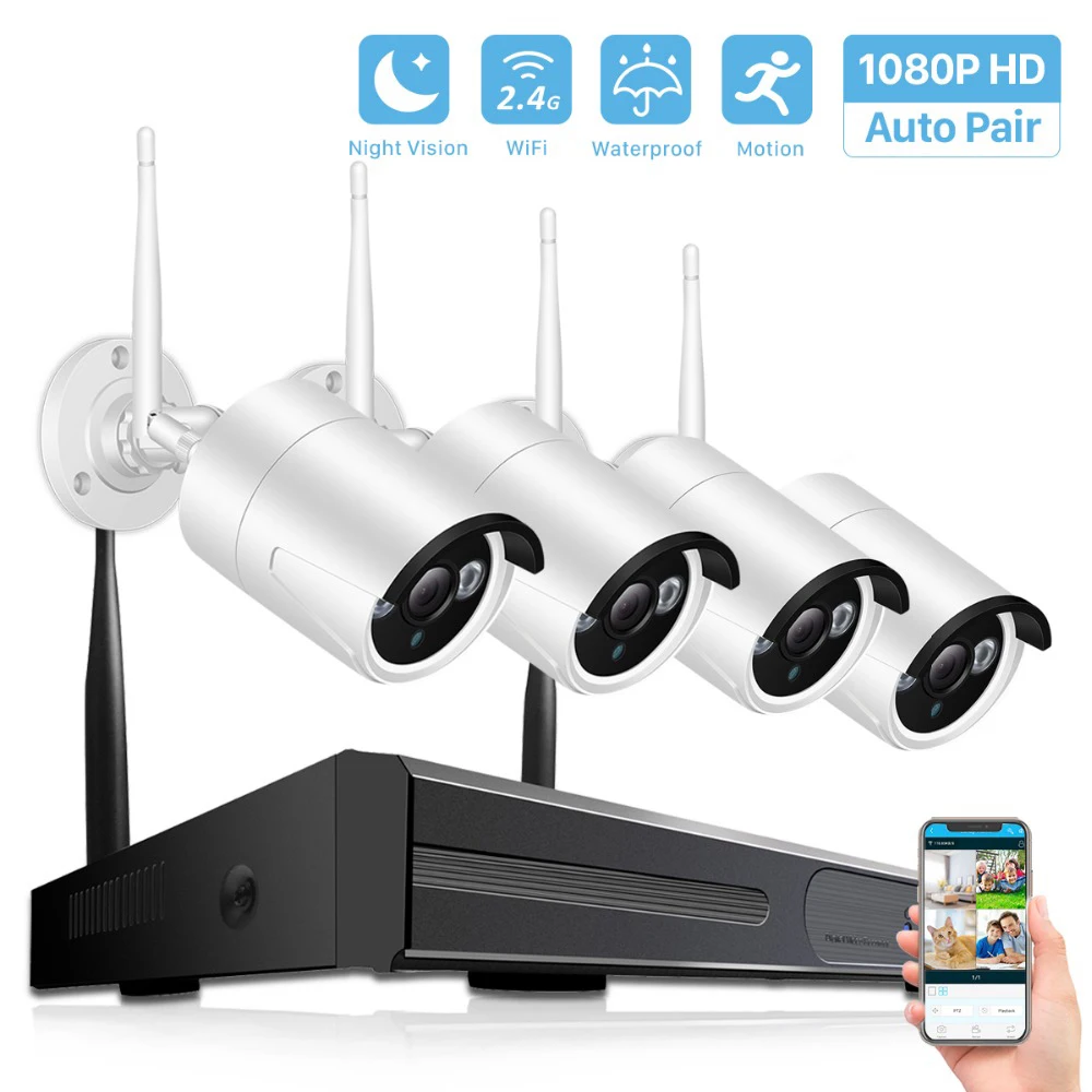 4CH/8CH CCTV Беспроводная система 1080P H.265 NVR 2.0MP наружная Водонепроницаемая Wifi камера безопасности система ночного видения комплект наблюдения - Цвет: 4ch NVR 4 1080P Cams