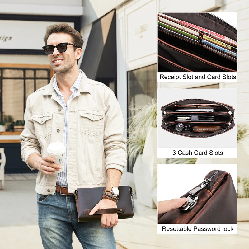 Men Clutch Bag,Full Grain Leather Wristlet Hand bag Password Design, Clutch Pouch Large Capacity Wallet Bag Purse, Customized Gift for Him