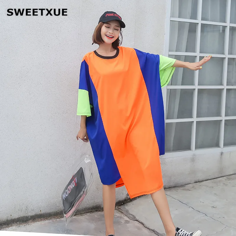 SWEETXUE Лето Новые три цвета сшивание Тонкий свободный удобный модный темперамент o-образным вырезом футболки Платья Vestidos