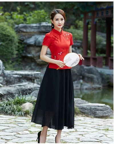 SHENG COCO, женская одежда, Восточный чонсам, топы, костюм, комплект из 2 предметов, традиционная китайская рубашка 4XL, плюс размер, Династия Цин - Цвет: red 2 Piece Set
