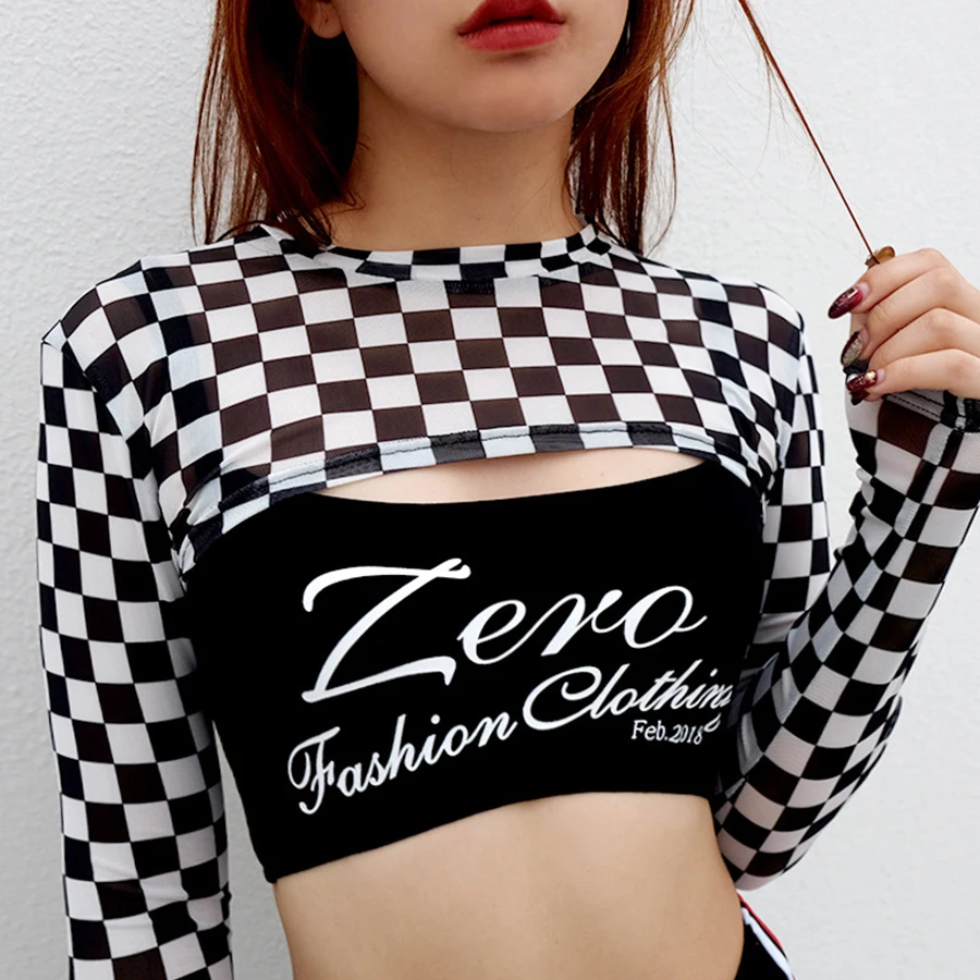 Летняя пикантная черно белая футболка в клетку с длинным рукавом Женская шаль