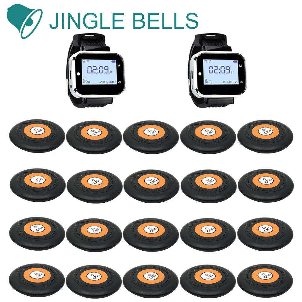 

Jinglebells 20 вызова Пуговицы + 2 часы приемника для кафе/Беспроводной Услуги звонок/Беспроводной Ресторан гость вызова системы