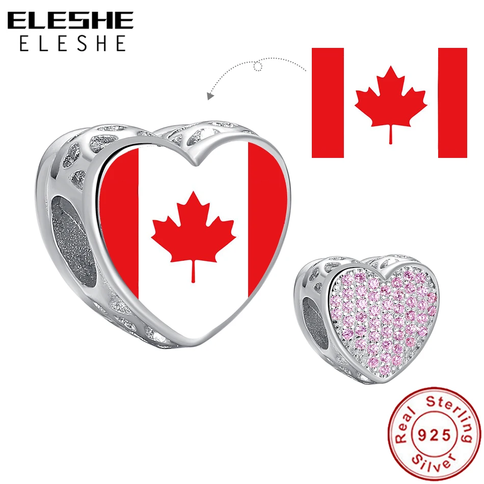 ELESHE Flag Customization Photo Charm 925 Sterling Silver Dazzling Pink CZ Heart Bead Fit Original Bracelet DIY Fashion Jewelry | Украшения