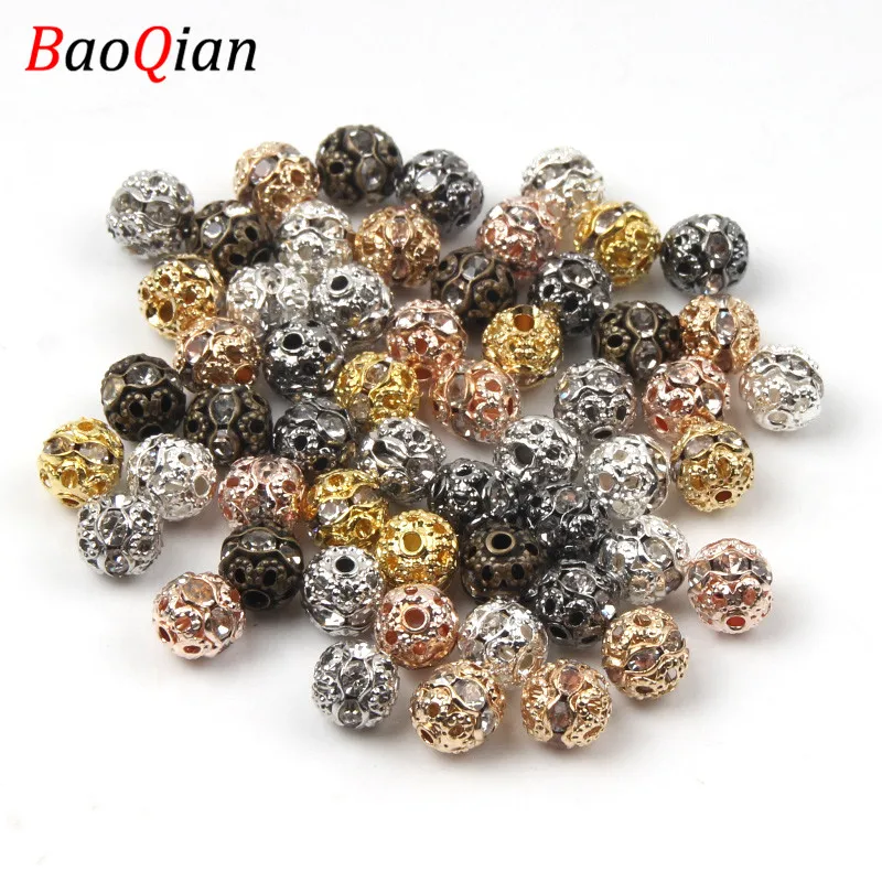 

50 шт./лот, 8 мм, круглые бусины с металлическим покрытием, кристаллами и стразами, россыпью, для изготовления ювелирных украшений, браслетов, ожерелий