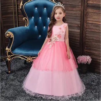 

Pink Kids Dresses Lace Applique Tulle Dress Wedding Little Girl Ceremony Party Birthday Dress Christmas Clothing 3-12Years