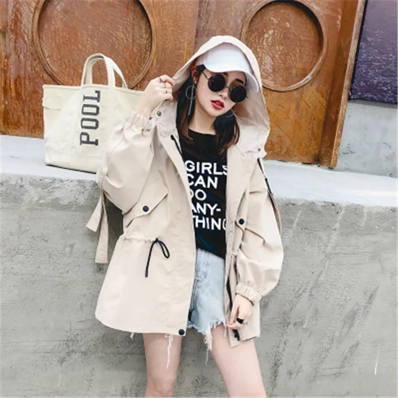 

Harajuku Hooded Student Basic coat Oversized Women Clothing Korean Spring Autumn 2020 Female Drawstring waist windbreaker coat
