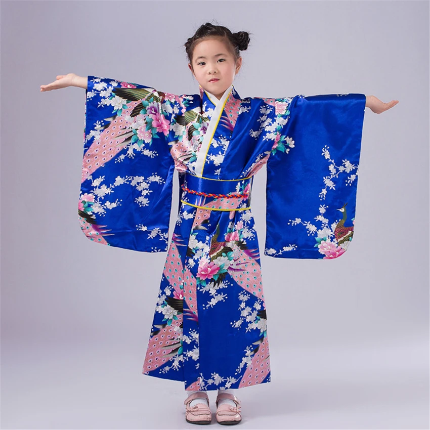 110 до 150 см платье-кимоно в японском стиле для маленьких девочек детский банный халат с вышивкой павлина для девочек Свободная верхняя одежда Yukata