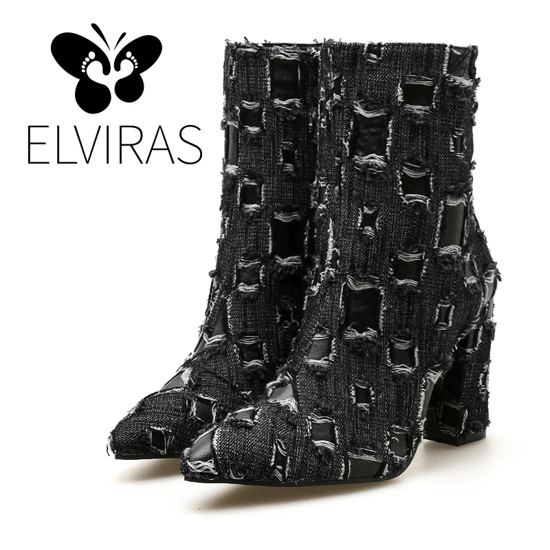 

ELVIRAS Denim stitching thick heel boots fashion women's boots personality ladies high heel motorcycle boots