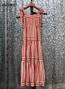 

Top Quality New 2020 Summer Strap Long Dress Women Bow Deco Shoulder Sexy Backless Sleeveless Blue Red Stripe Long Maxi Dress XL
