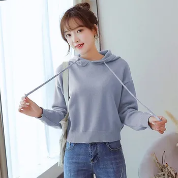 

Women Long Sleeve Hoodies Casual Hooded Knitted Solid Color Short Sweatshirt Top Female Short Sweatshirts