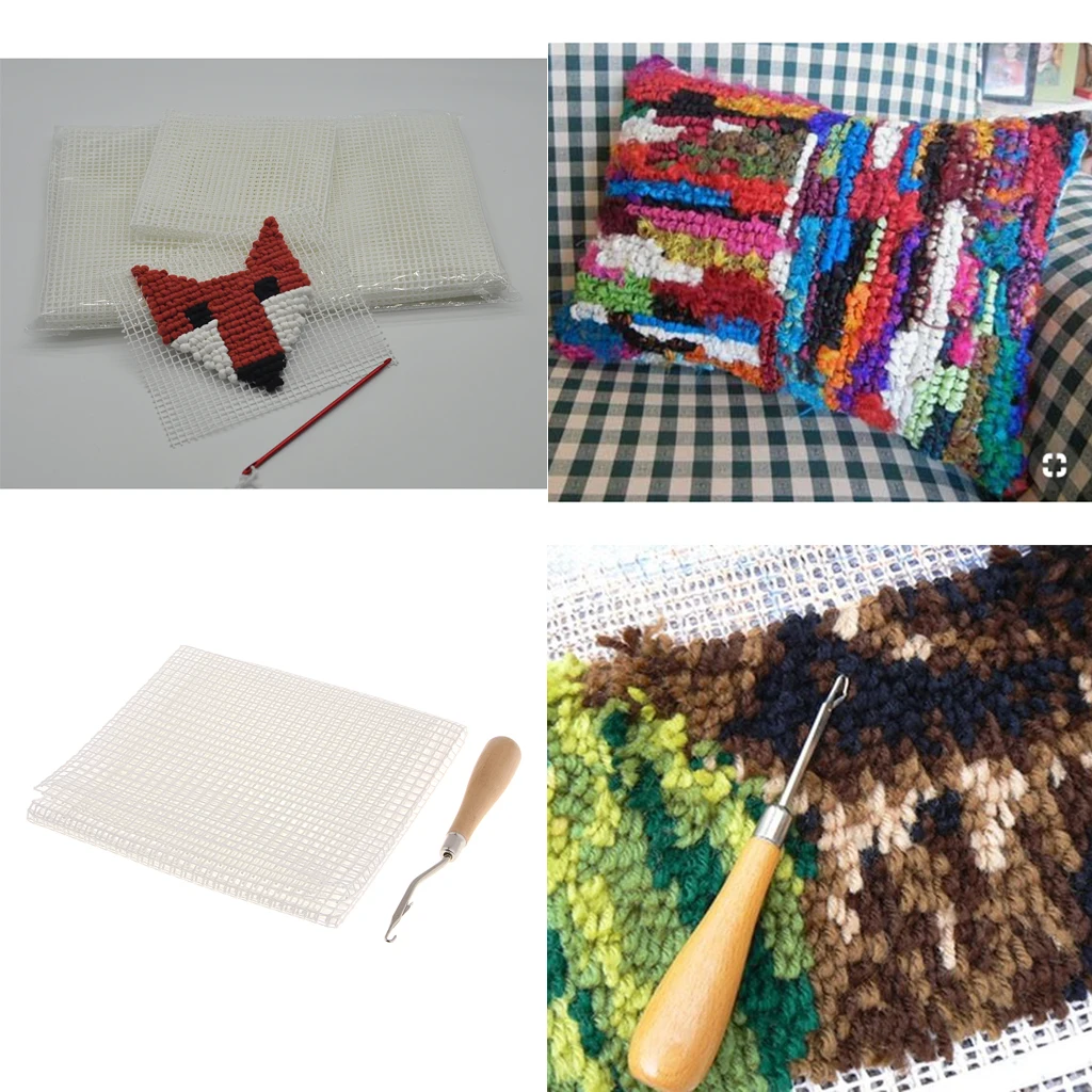 Rug Making Canvas Mesh Wood Bent Latch Hook Crochet  DIY Arts Crafts Decor