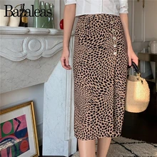 Bazaleas, Франция, леопардовая расцветка, винтажная юбка миди с запахом спереди, Ретро стиль, с завязками на талии и пуговицами сбоку, женские юбки с высокой талией, Прямая поставка