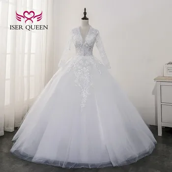 

Hollow Back V neck Elegant Wedding Dress Long Sleeves Lace Applique Vestidos De Novia 2020 Pure White Wedding Gowns China WX0173