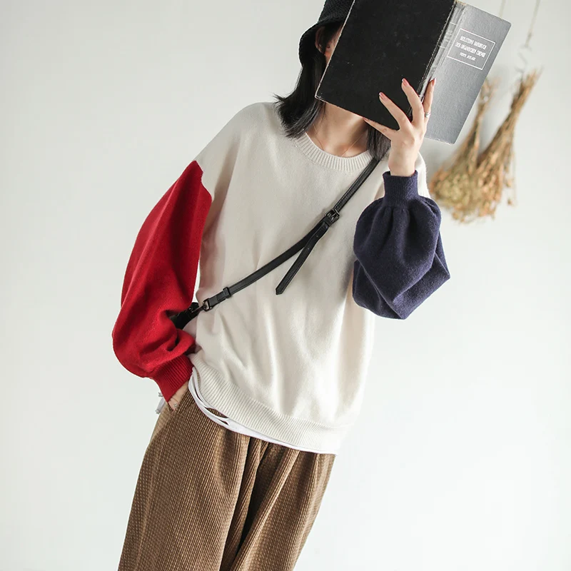Johnature Women Patchwork Color Pullover Sweaters Lantern Sleeve 2020 Autumn New O-Neck Casual Cloths Knitted | Женская одежда