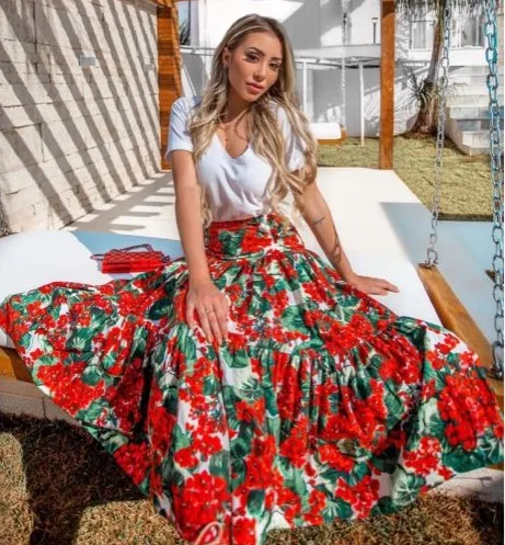 Customie Made Women Summer Fashion Casual Plus size 3XS-10XL Maxi Long Lily Flower Print A Line Skirt
